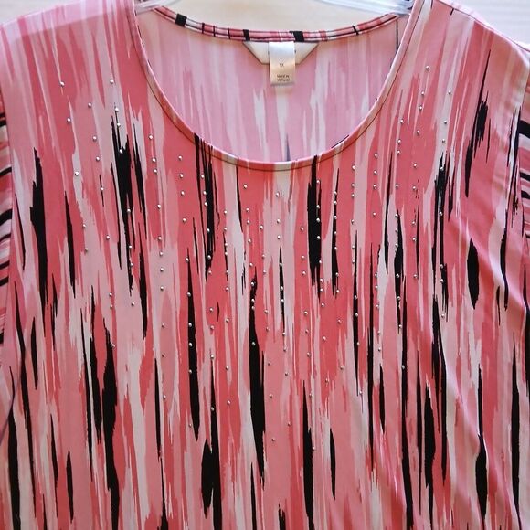 CJ Banks Pink & Black Pullover Blouse 1X Round Neck Sparkle on Front. - Picture 2 of 5